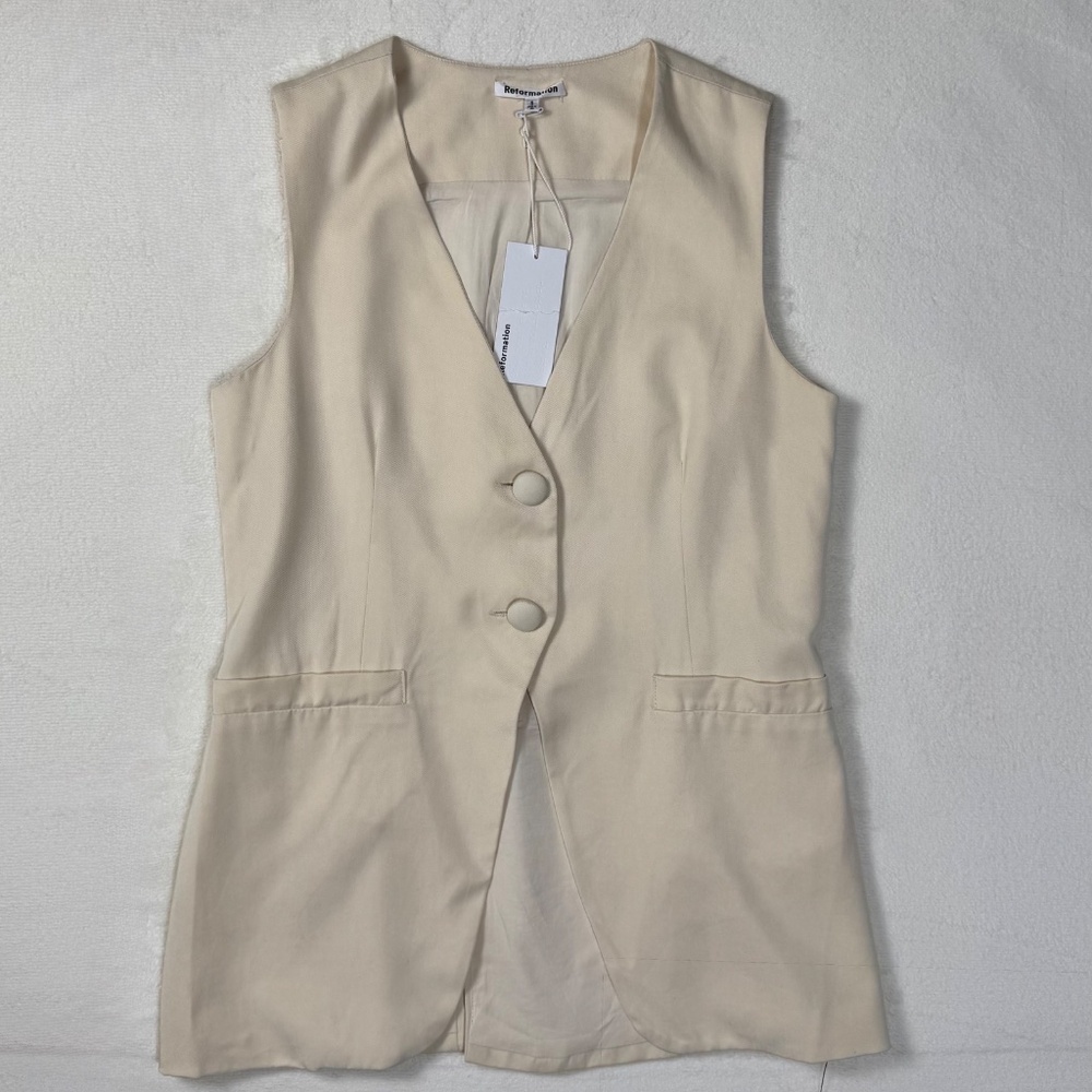 Reformation Casey Vest - Tailored Longline Waistcoat/ Sleeveless Top Cream - Picture 3 of 13
